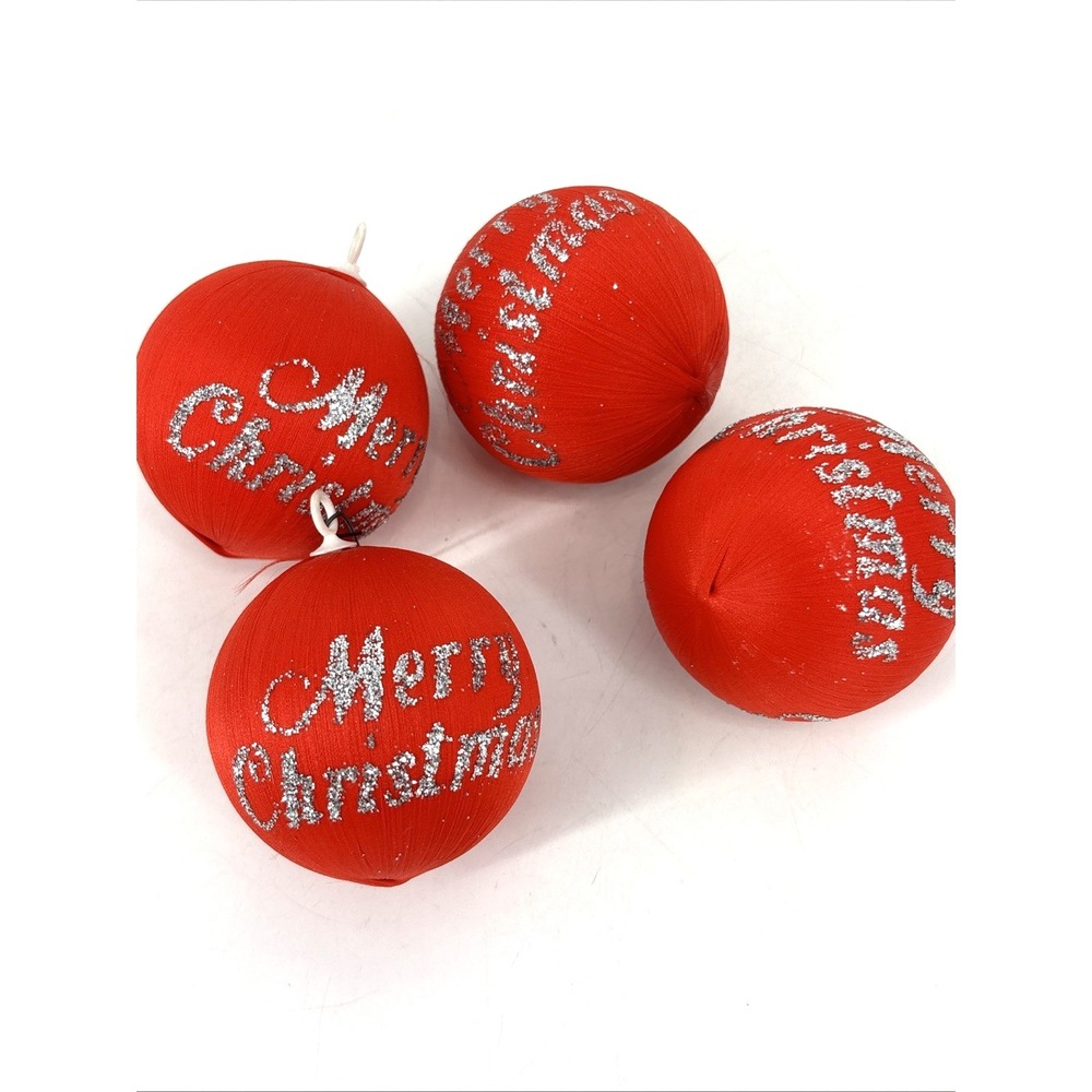 Vintage PYRAMID Satin RED Ornament LOT w Silver Glitter Merry Christmas‎